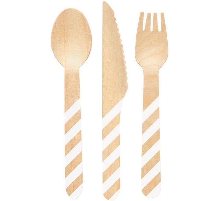 Set For 4 Disposable Striped Wooden Cutlery