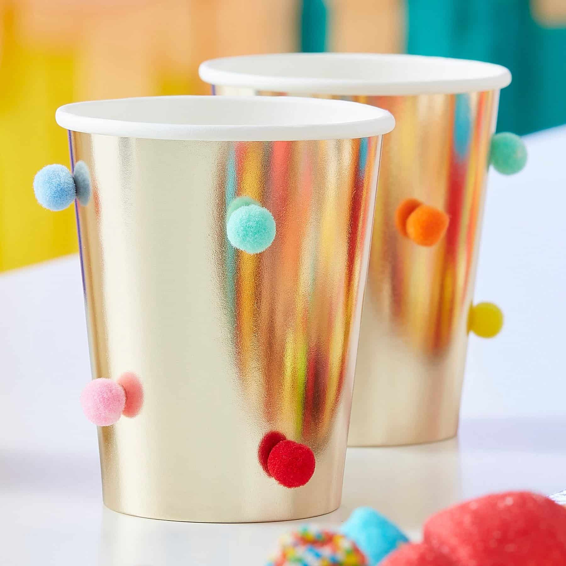 Rainbow Pom Pom Gold Paper Party Cups